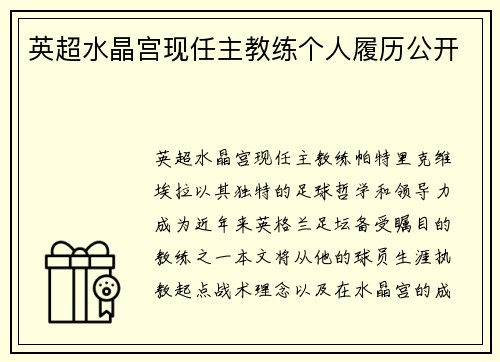 英超水晶宫现任主教练个人履历公开